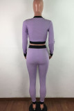 purple Street Polyester Geometric Split Joint O Neck Long Sleeve Regular Sleeve Short Two Pieces