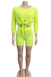 Green Milk Silk Active Patchwork Solid asymmetrical Fluorescent pencil Half Sleeve Two Pieces