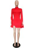 Red Polyester Fashion Sexy adult Bell sleeve Long Sleeves Turtleneck Step Skirt Mini split Patchwork Sol