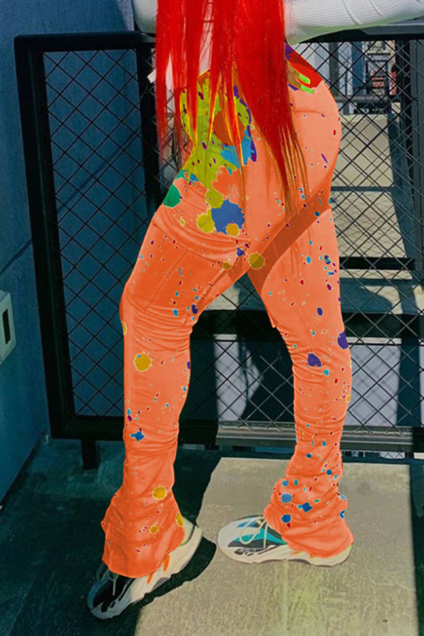 Orange Casual Print Fold Regular High Waist Speaker Bottoms