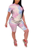 Powder blue Polyester Fashion Casual adult Patchwork Print Tie Dye Gradient Two Piece Suits pencil Short Sleeve Two Pieces
