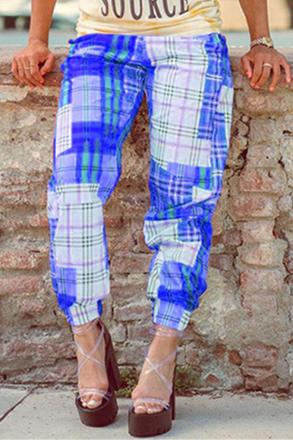 Blue Fashion Casual Plaid Print Basic Regular Mid Waist Trousers