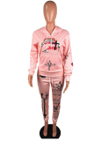 Pink Casual Print Letter Hooded Collar Long Sleeve Two Pieces