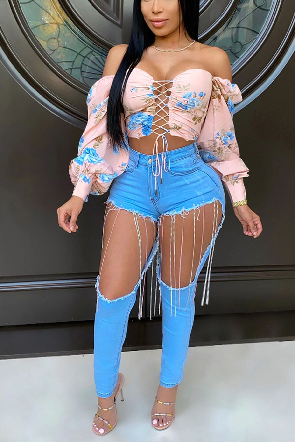 Pink One word collar Long Sleeve Print Tops