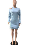 Sky Blue Fashion Casual Adult Solid Draw String Fold Hooded Collar Long Sleeve Mini One-piece Suits Dresses