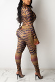 Leopard Print Sexy Print Patchwork Buttons O Neck Long Sleeve Two Pieces