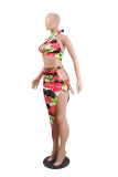 Multicolor Sexy Print High Opening Halter Sleeveless Two Pieces