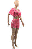 Pink Fashion Casual Solid Strap Design V Neck Short Sleeve Two Pieces
