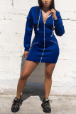 Blue Sexy Patchwork Draw String Hooded Collar A Line Dresses