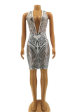 Green Sexy Print Patchwork V Neck Pencil Skirt Dresses