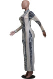 Grey Fashion Sexy adult Ma'am Cap Sleeve Long Sleeves O neck Step Skirt Ankle-Length Print Mesh Dresses