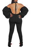 Black Fashion Sexy Adult Knitting Solid Backless Halter Straight Jumpsuits