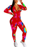 Black venetian Fashion Active adult Ma'am Print Two Piece Suits pencil Long Sleeve Two Pieces