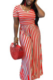 Red Polyester Fashion adult Ma'am Street O Neck Striped Solid Two Piece Suits Stripe Plus Size