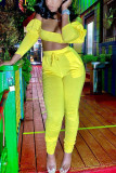 Yellow Sexy Solid Split Joint Strapless Long Sleeve Two Pieces