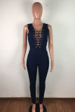 Dark Blue Sexy Casual Solid Hollowed Out V Neck Sleeveless Denim Jumpsuit