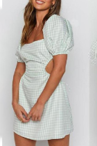 Light Green Sexy Plaid Hollowed Out Square Collar A Line Dresses