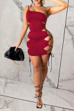 Burgundy Sexy Solid Hollowed Out One Shoulder Pencil Skirt Dresses