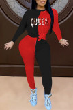 Black Red Casual Print Patchwork O Neck Long Sleeve Two Pieces