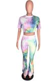 Multi-color Polyester Sexy Fashion crop top Tie Dye Slim fit Skinny Short Sleeve Two-piece Pants Set