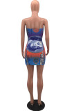Deep Blue Sexy Print Patchwork Strapless Sheath Dresses