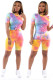 Yellow Polyester Casual Patchwork Print Gradient contrast color pencil Short Sleeve Two Pieces