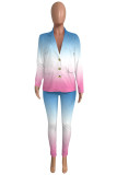 Blue Street Gradual Change Print Turn-back Collar Long Sleeve Two Pieces