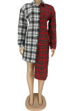 Red Street Plaid Print Patchwork Turndown Collar Pencil Skirt Dresses