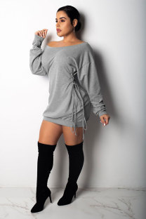 Grey Sexy Fashion One Shoulder Long Sleeves One word collar Hip skirt skirt backless eyelet bandage Club