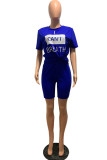 Blue venetian Fashion Sexy adult Ma'am Letter Print Two Piece Suits Straight Short Sleeve Two Pieces
