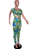 Blue Fashion Sexy Print Short Sleeve V Neck Jumpsuits