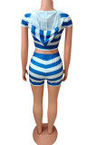 Blue Fashion adult England Ma'am Striped Print Two Piece Suits pencil Short Sleeve Two Pieces