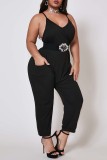 Black Polyester Fashion Sexy adult Ma'am V Neck Solid Plus Size