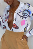 White Sexy Daily Polyester Acrylic Fiber Character Print Eyes Printed Lips Printed Buckle Cardigan Shirt Collar Tops