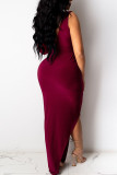 Red Sexy Solid Hollowed Out Backless Slit Fold V Neck Pencil Skirt Dresses