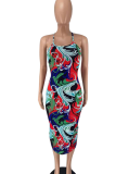 Colour Sexy Print Backless Halter Pencil Skirt Dresses