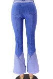 Baby Blue Polyester Drawstring High Patchwork Boot Cut Pants Bottoms