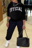 Black Casual Letter Print Patchwork O Neck Tops