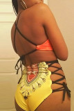 Yellow Fashion Sexy Print Backless Strap Design Swimwears