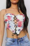 Rose Sexy Print Hollowed Out Frenulum Backless Spaghetti Strap Mid Waist Tops