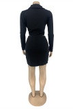 Black Fashion Sexy Solid Draw String Turndown Collar Long Sleeve Two Pieces