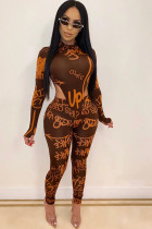 Brown Milk Silk Sexy Print Two Piece Suits pencil Long Sleeve
