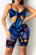 Royal Blue Fashion Sexy Print Hollowed Out Backless V Neck Sling Romper