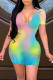 Multicolor Fashion Sexy Print Tie Dye Ripped O Neck Short Sleeve Dress