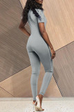 Blue Fashion Casual Solid Basic Zipper Collar Skinny Jumpsuits