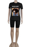 White Fashion Sexy adult Ma'am Letter Patchwork Print head portrait Two Piece Suits pencil Short Sleeve Two Pieces