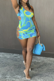 Sky Blue Sexy Print Ripped Patchwork Swimwears