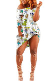 multicolor Fashion Sexy One Shoulder Half Sleeves one shoulder collar Step Skirt Knee-Length Print Dresses