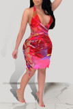 Red Sexy Print Hollowed Out Backless Strap Design Halter Sleeveless Dress