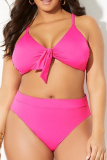 Rose Red Sexy Solid Patchwork Spaghetti Strap Plus Size Swimwear